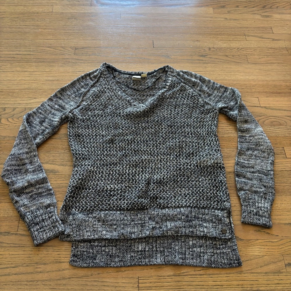 Roxy Womens XS Black White Marled Open Knit V-Neck Sweater Long Sleeve High Low